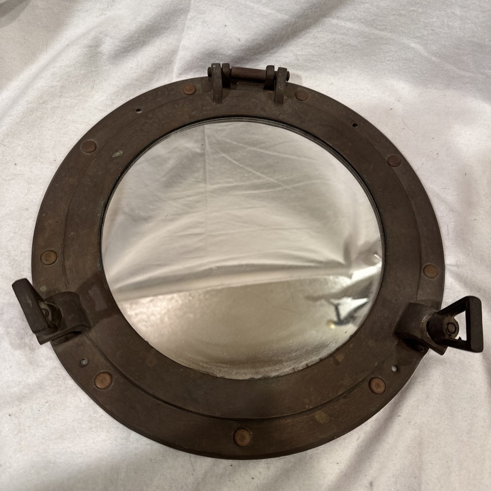 Vintage 12" Antique Brass Ship Glass Mirror‎ Decor Canal Boat Porthole Opens